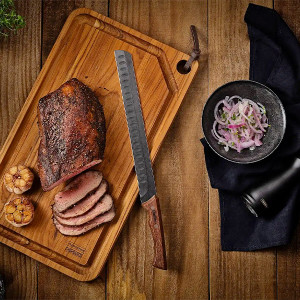 Couteau &agrave; jambon alv&eacute;ol&eacute; manche bois lame noire Black Churrasco - Tramontina