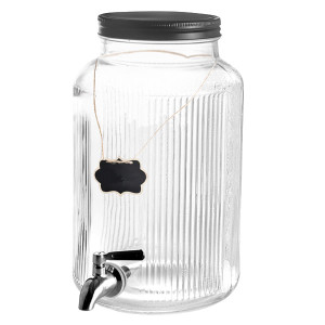 Distributeur de boissons en verre stri&eacute; avec robinet inox et support - 5,5 L